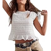 Smocked Tops for Women White Crewneck Cap Sleeve Top Tee Cotton Shirred Ruffle Crop Tank Tops Shirt