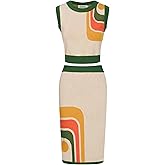 OXKNIT Women's Knitted Beige Vest Skirt Sets, 1960s Mod Style Retro Geometry Tank Straight Skirt 2 Piece Sets Summer Outfits