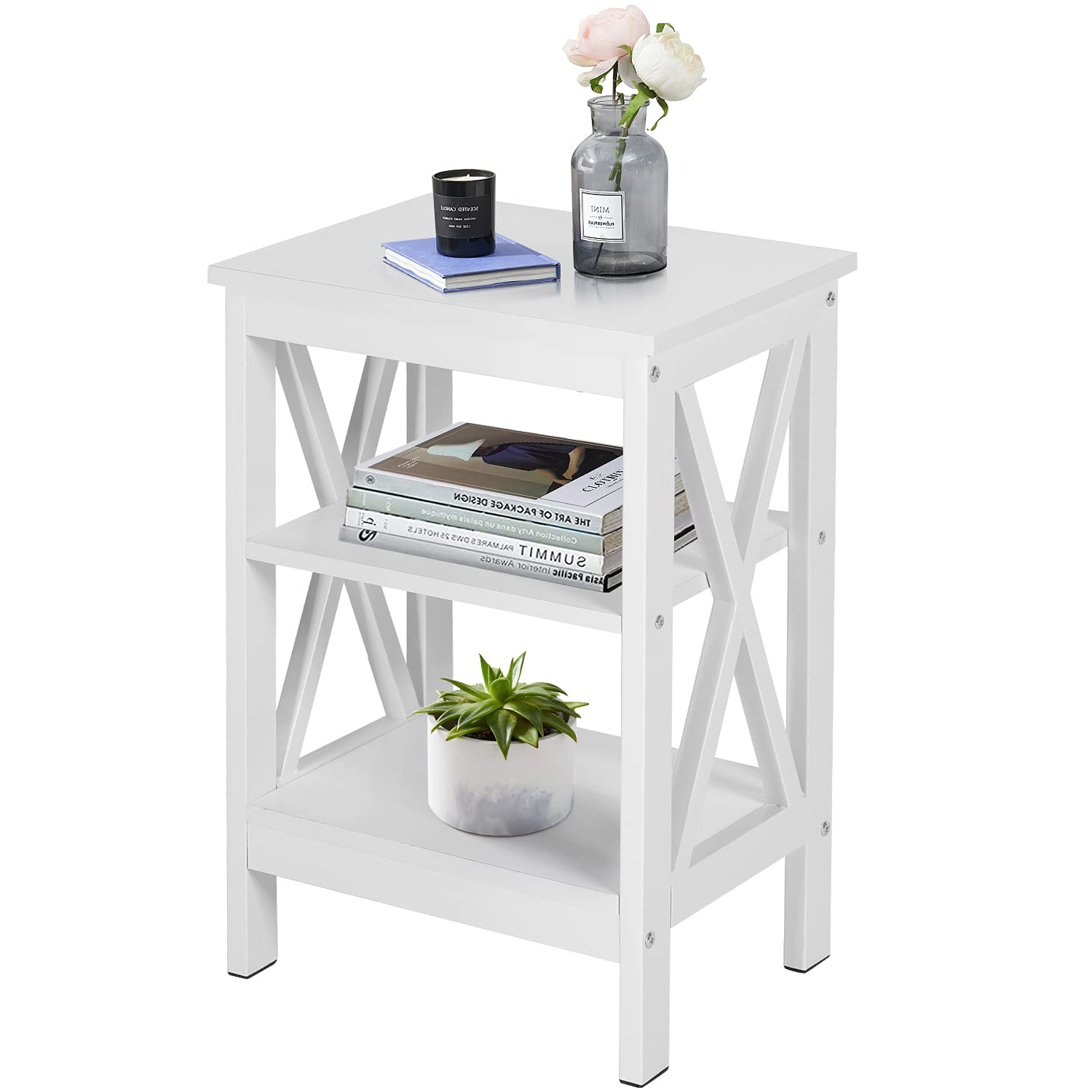 VECELO Side/End Storage with Shelf Versatile Nightstands Lamp Table Living Room Bedroom Furniture, Shelves, White