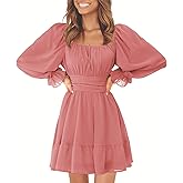 EXLURA Women's 2026 Casual Long Lantern Sleeve Dresses Square Neck Ruffle Tie Back Elastic Waist Aline Short Mini Dress