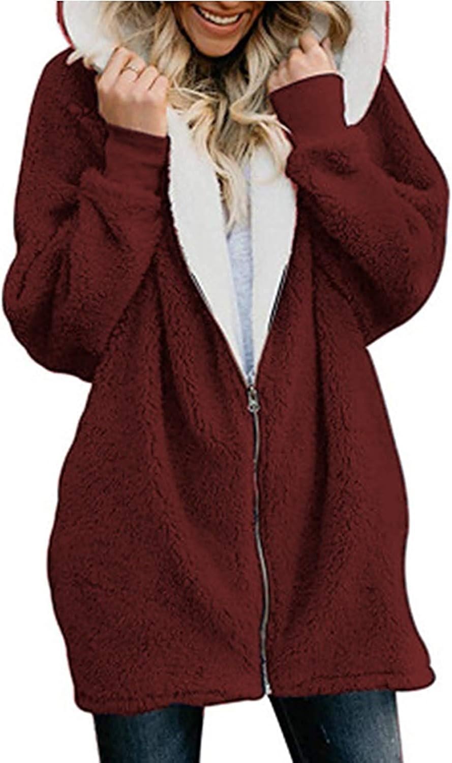 Yanekop Women Oversized Sherpa Hoodie Fuzzy Fleece Jacket Zip Up Outerwear Coat with Pockets at  Women's Coats Shop