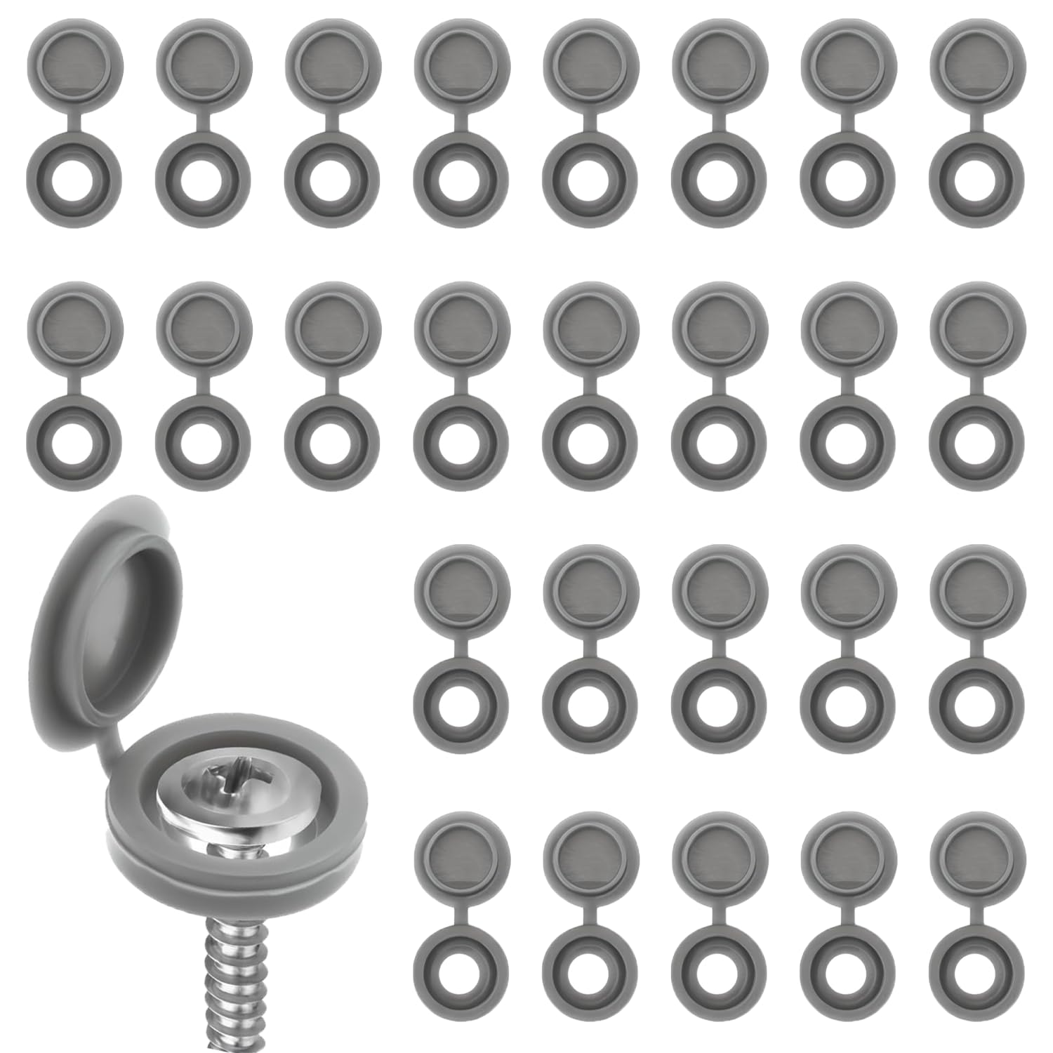KUYI 200Pcs Screw Cap Plastic Hinged Screw Cover Caps Fold Snap-on Screw Head Caps Screw Decorative Covers Dust Washer Flip Tops for Furniture Cabinet Cupboard Shelf (Grey)