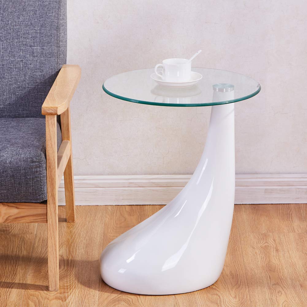 GOLDFAN White Glass Side Table with High Gloss Small Coffee Table Sofa