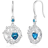 FANCIME Tree of Life Dangle Drop Earrings 925 Sterling Silver Dainty Round Gemstone Birthstone Earring Fine Jewelry Birthday Mothers Day Gifts for Her Women