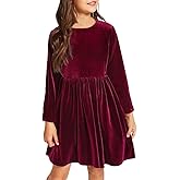 UELoop Girls' Velvet Dress Long Sleeve Crew Neck Ruffle Hem Formal A-Line Dress for 5-14Y Girls