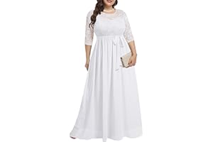 PINUP FASHION Women's Plus Size Lace Chffon Long Maxi 3/4 Sleeve V-Back Formal Dress