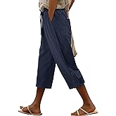 ONLYSHE Womens Capri Pants Casual Cotton Linen Trousers Lightweight Drawstring Elastic Waist Pants with Pockets,XS-3XL