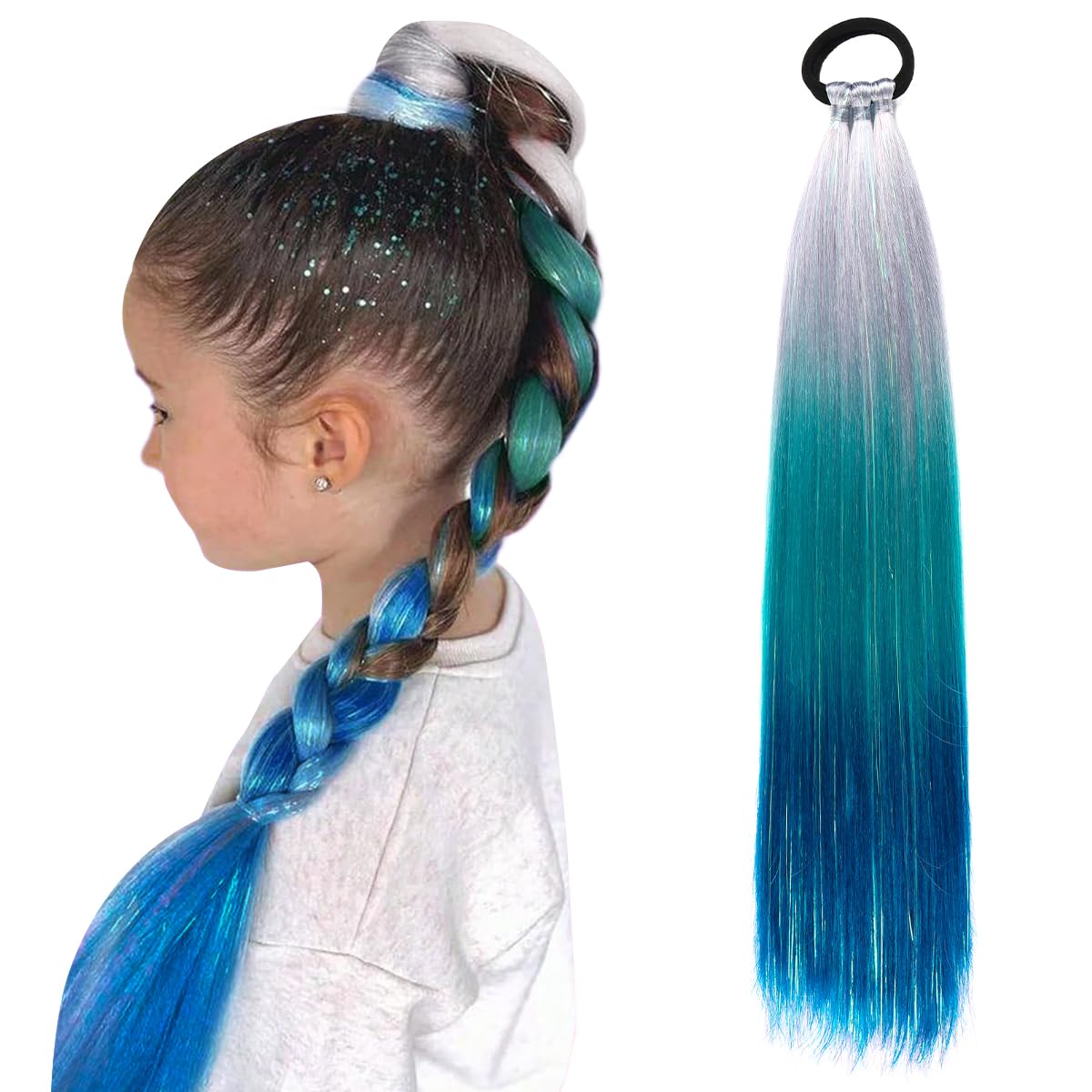 Rainbow Ponytail Extensions With Hair Tie 1 Packs 80g/Pack Coloured Hair Extensions for Braiding 18 inch Colorful Ombre Mermaid Pony Tail Synthetic Hair Extensions for Girl Women XX37 — image 1