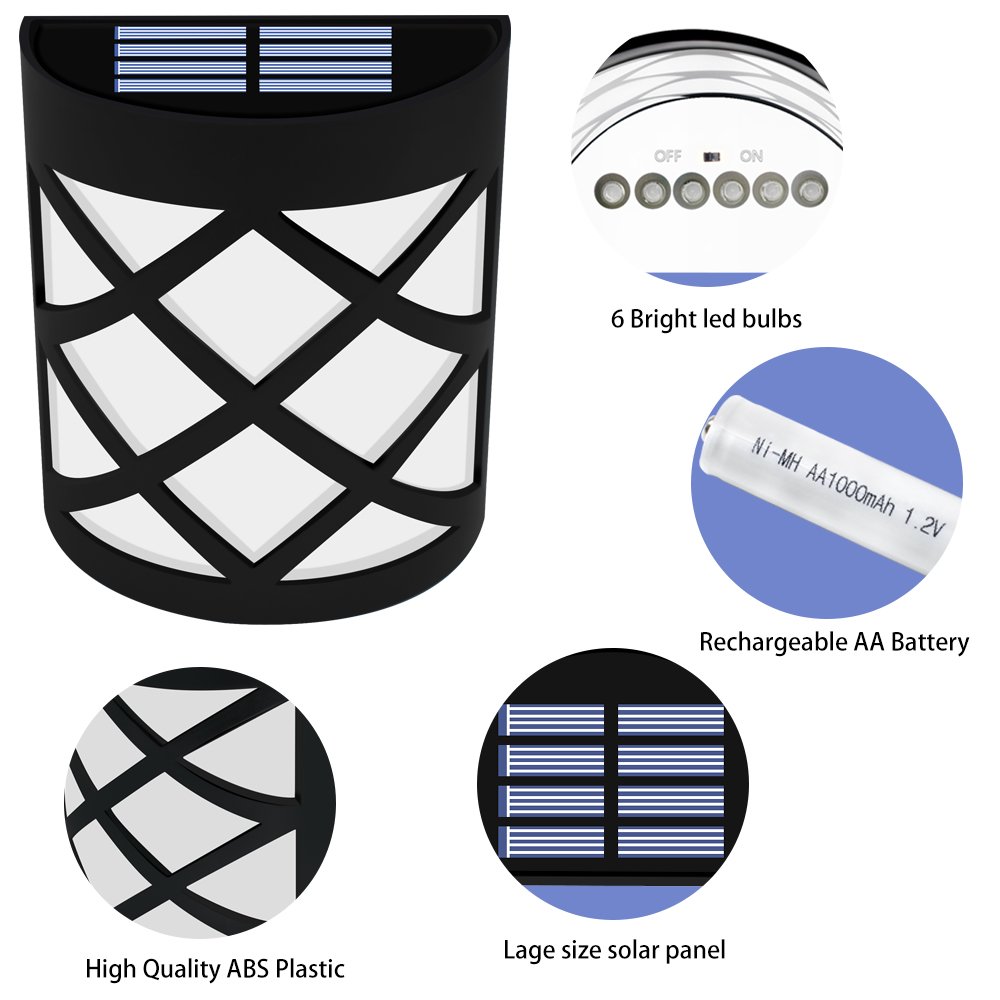 Sunklly Outdoor Solar Fence Lights Waterproof 6 LED Wall Lamp for Porch,Garden,Patio (White Light,Pack of 4)