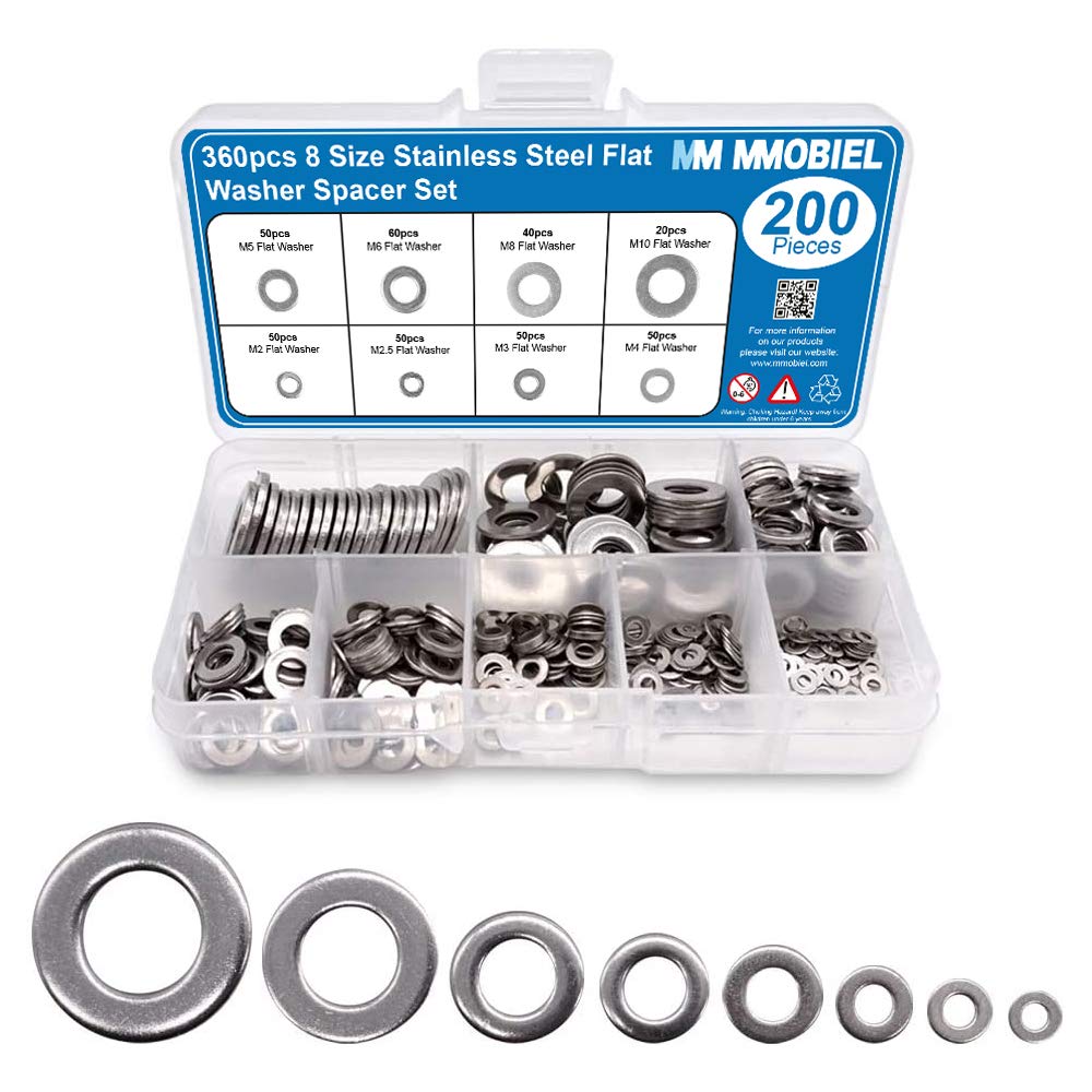 MMOBIEL Stainless Steel Flat Washers Assortment Kit - 8 Sizes M2 M2.5 M3 M4 M5 M6 M8 M10 - 360 Pcs Stainless Steel Flat Washers for Home Decoration, Automotive, Machinery and more - Incl. Storage Box