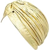 Women Gold Turban Hat, Arab India Pleated Vintage Turban Headwrap Headband Swami Hat Costume Chemo Headwear