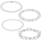 MBAIYO Pearl Bracelets for Women,White Pearl Bracelets Layers Stackable Bangle Wristlet for Women Bridesmaid Bridal Jewelry Prom Party