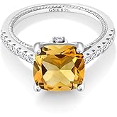 Gem Stone King 3.87 Cttw Yellow Citrine and White Created Sapphire Ring For Women | 925 Sterling Silver | Cushion 10MM | Gemstone Birthstone | Wedding Engagement Anniversary Promise Ring