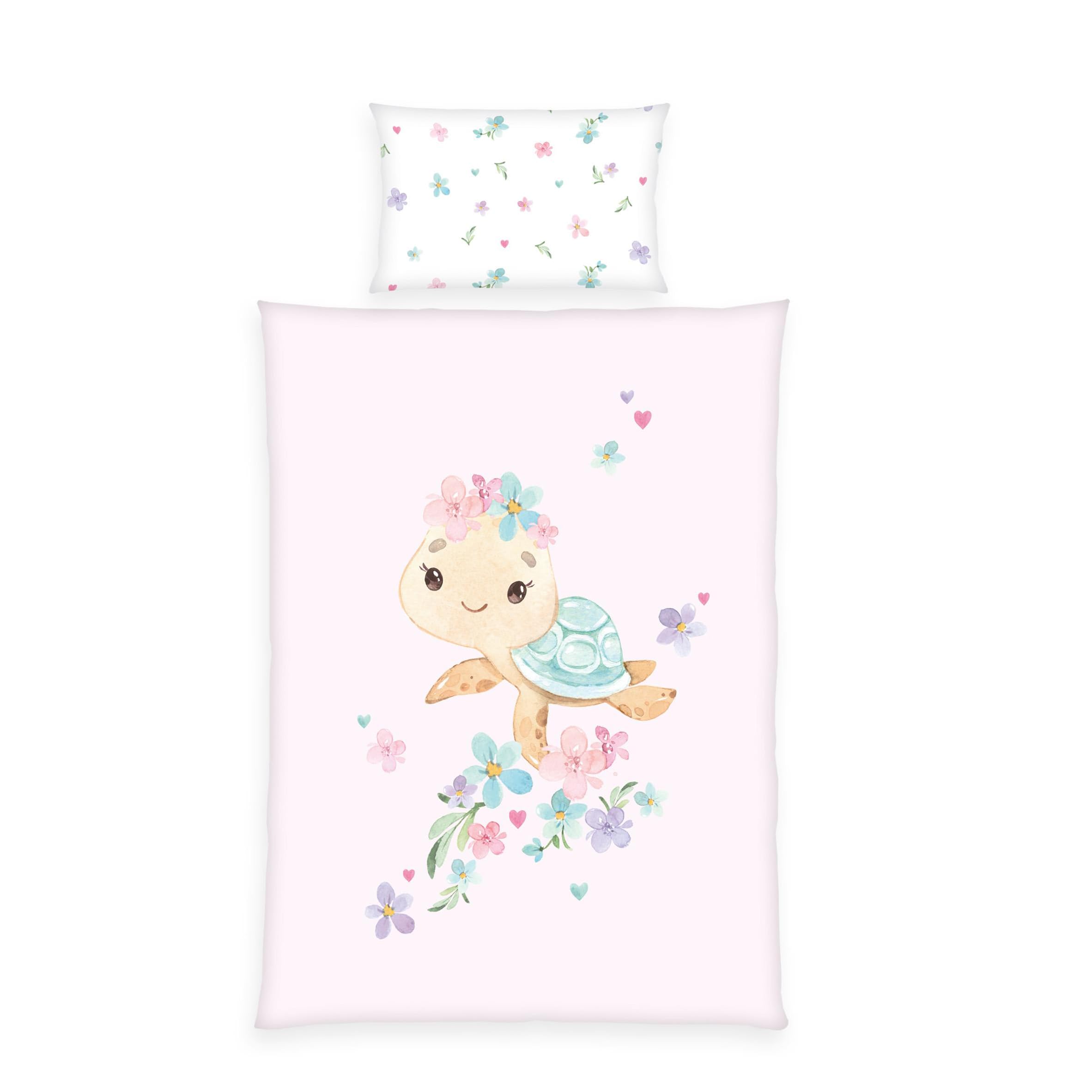 Klaus Herding GmbH Little Turtle Bed Linen, Pillowcase Approx. 40 x 60 cm with Envelope Closure, Duvet Cover Approx. 100 x 135 cm with Smooth Zip, 100% Cotton, Renforcé