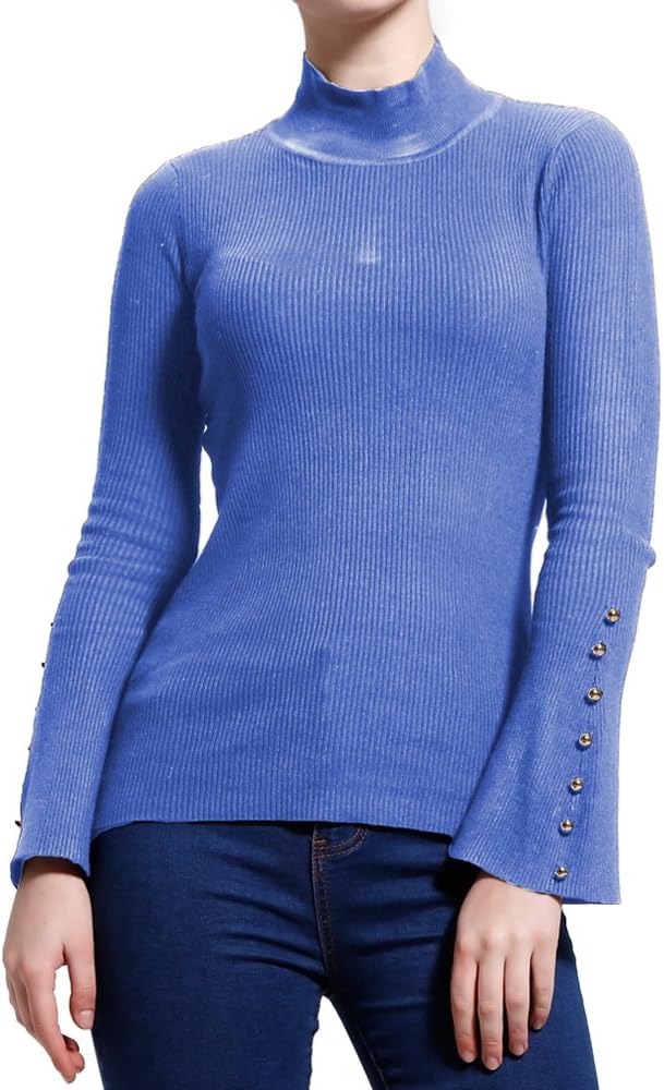 Blue L Stretchy Flare Sleeves Bell Sleeve Mock Turtleneck Pullover Sweater Color 2 Large