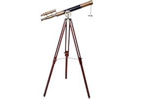 NAVIROCK Nautical Marine Designer Brass Telescope Antique Finish Double Barrel Black Leather Coverd Wooden Brown Tripod Floor Standing Royal Handmade Telescope