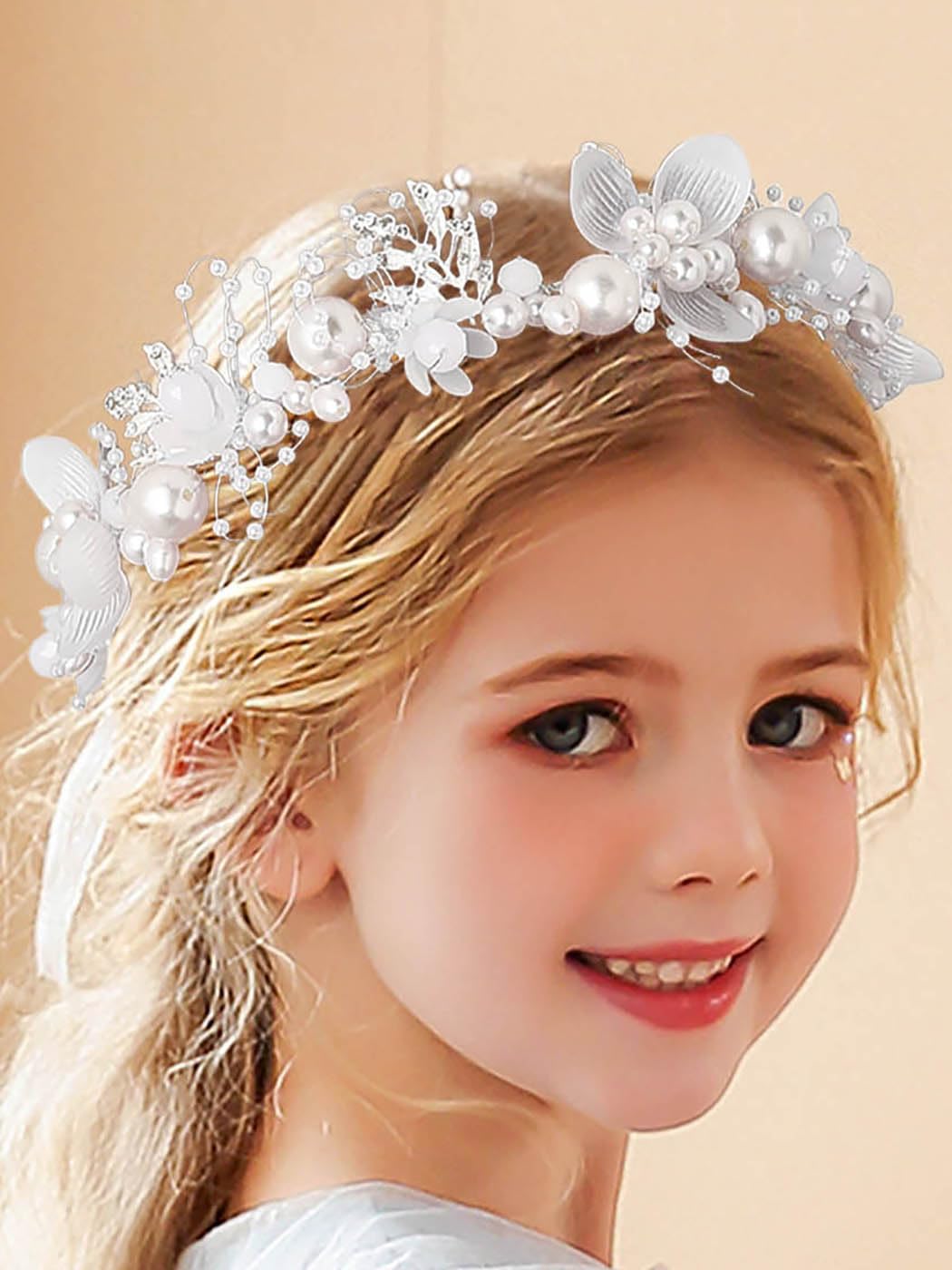 IYOU Wedding Hair Piece Gold Pearl Headband Bridal Babys Breath Crystal Hair Vine for Princess Flower Girls and Bridesmaid