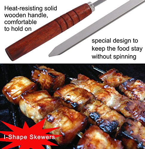 POLIGO 10PCS BBQ Skewers Set - Flat Stainless Steel Metal Grilling BBQ Stick Shish Kebab Kabob Skewers With Wooden Handle - set of 10 in Handy Storage Pouch with Basting Pastry Brush