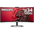 Philips 34E1C5600HE 34" UltraWide QHD 21:9 Monitor with Built-in Windows Hello Webcam & Noise Canceling Mic, USB-C Docking, Stereo Speakers, 100Hz, 4-Year Advance Replacement