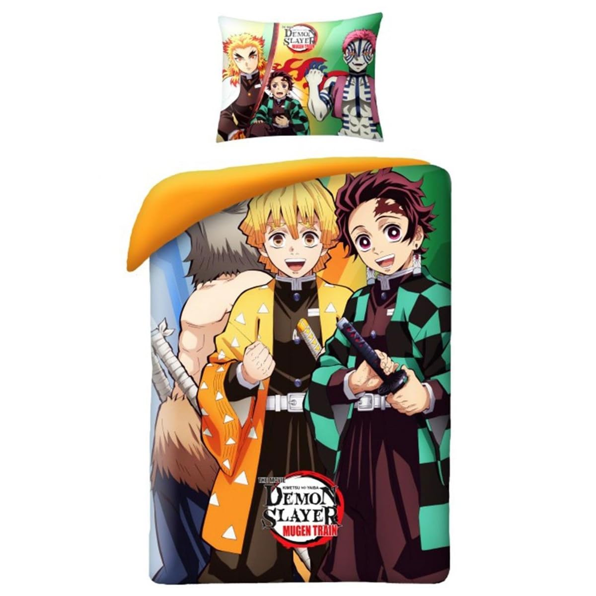Demon Slayer Reversible Bedding Set, Duvet Cover 140 x 200 cm + Pillowcase, 100% Cotton, with Tanjirō Kamado and Zenitsu Agatsuma