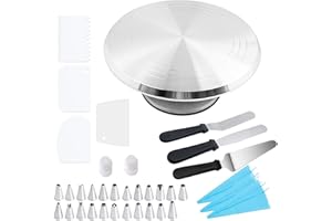 37Pcs Cake Decorating Kit Supplies, 12" Aluminium Alloy Revolving Cake Turntable, 3 Icing Spatula, 4 Icing Combs, 24 Piping T