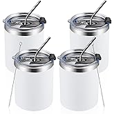 MEWAY 12 oz Lowball, Tumbler Stainless Steel Double Wall Vacuum Insulated Mug with Straw and Lid, Cleaning Brush ,Durable Powder Coated Insulated Coffee Cup for Cold & Hot Drinks (White,4 pack)