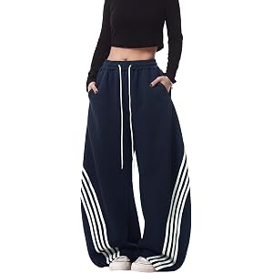 EMMIOL Women’s Y2K Baggy Barrel Striped Sweatpants High Waisted Wide Leg | Track Pants, Drawstring Waist, Adjustable Hems, an