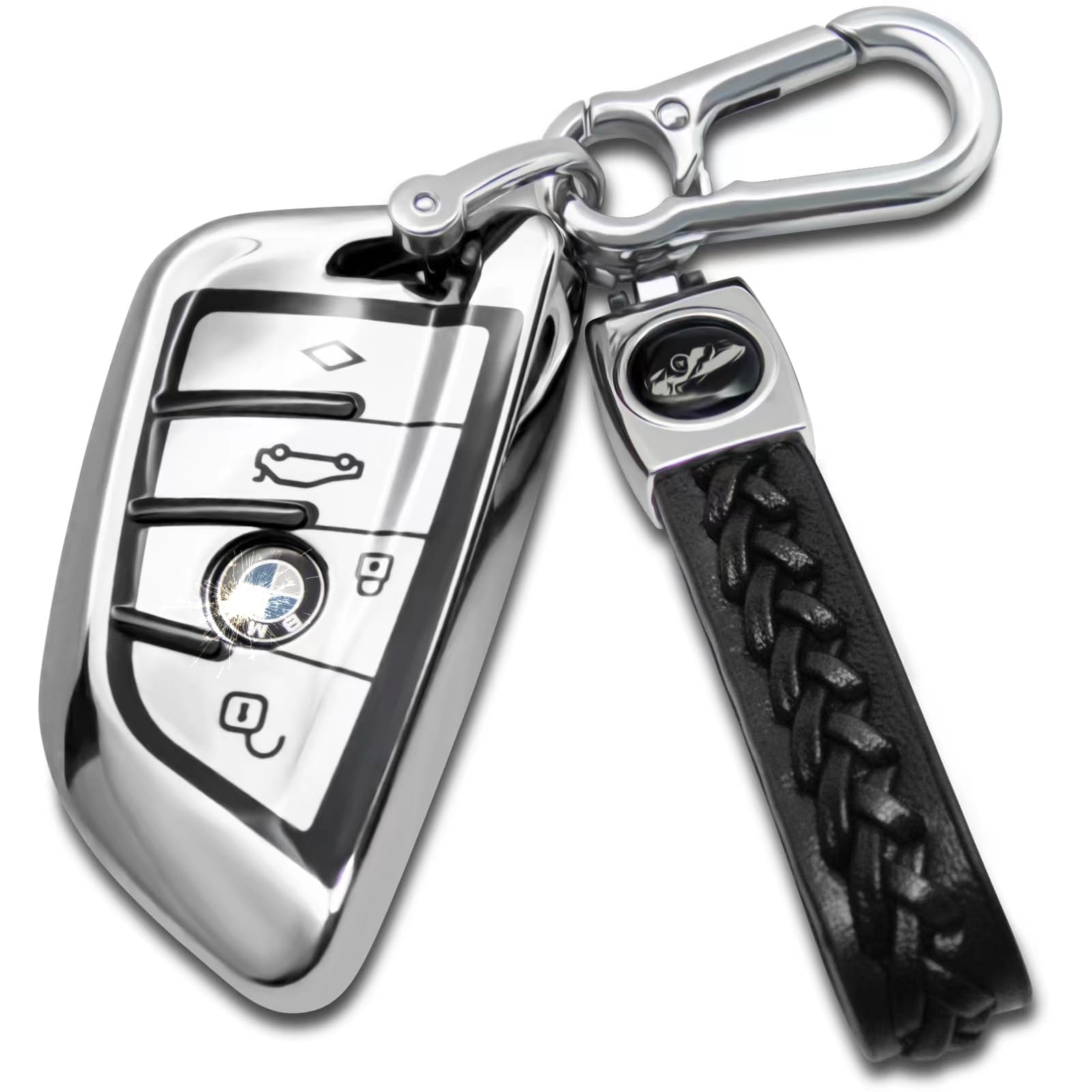 Photo 1 of Creativity Suitable for BMW key fob Cover. Advanced soft TPU key box is compatible with F30 F45 F55 G20 G30 X1 X3 X4 X5 X6 X7 3 5 7 8 M5 M6 GT series smart key (Type B Silver Key Case + key chain set)