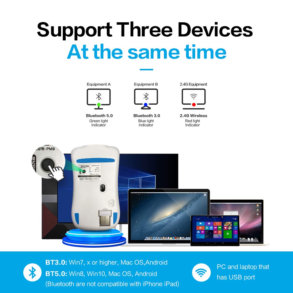 Bluetooth Mouse Rechargeable, Inphic Slim Silent Click Rechargeable 2.4G Wireless Mice 1600DPI Optical Portable USB PC Computer Laptop Cordless Mouse with Nano Receiver (Bluetooth Silver)