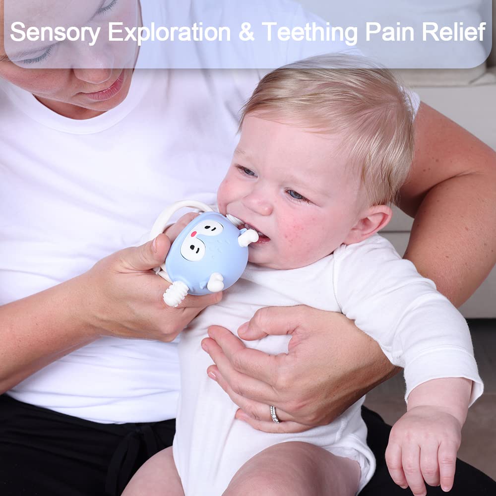 Smily Mia Reindeer Organic Baby Toys 0-6Months, Mitten for 3-6Months, Easy to Hold Stem with Chewing Nubs for Teething Pain Relief for 6-12Months Babies, Light Blue