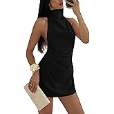BEAGIMEG Women's Sleeveless Backless Halter Turtleneck Ruched Cocktail Club Party Mini Dress