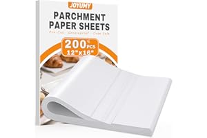JOYUMY 200 Pcs Parchment Paper Sheets for Baking – 12x16inch Baking Paper, White, Pre-Cut, Non-Stick, Heat-Resistant for Baking Grilling Air Fryer Steaming Bread Cup Cake Cookie and More
