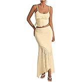 GORGLITTER Women's Two Piece Maxi Skirt Sets Summer Outfits Going Out Lace Asymmetrical Long Skirt and Crop Top Set