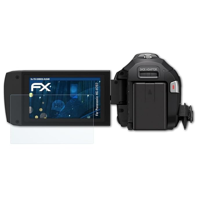 atFoliX Schutzfolie kompatibel mit Panasonic HC-V757 Panzerfolie, ultraklare und stoßdämpfende FX Folie (3X)