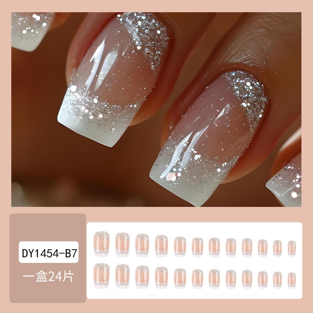 Square Press On Medium French Tips Silver Glitter Acrylic Nails - White Ombre Glue On Shiny Stick On Nude False Nails for Women Girls - 24 Pcs - Image 6