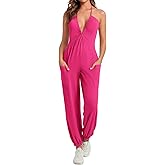 Cicy Bell Women's Sexy Halter Jumpsuits Casual Deep V Nevk Beach Jogger Long Pants Rompers