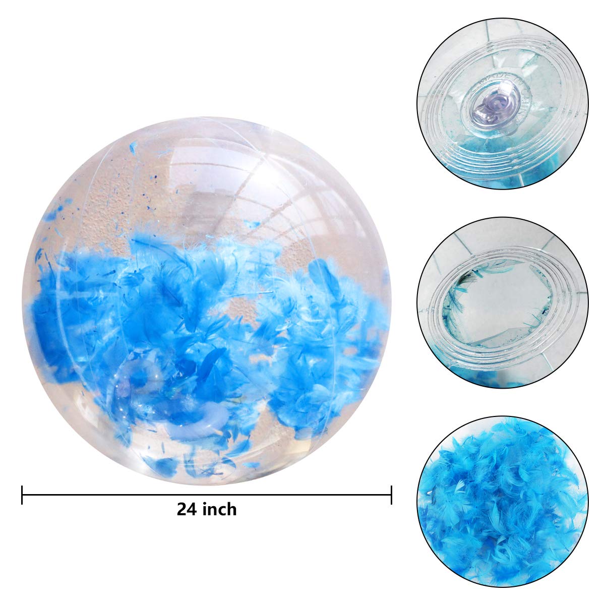 KOMIWOO Inflatable Beach Ball-Glitter Beach Balls Kids, Filled with Feathers Pool Toys for Summer Party Favors (2packs,24 inch) (Blue)