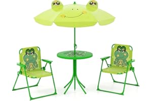 KOTEK Kids Picnic Table with Umbrella, Outdoor Table & 2 Folding Chairs, Cute Pattern Children’s Patio Furniture, Portable Ki
