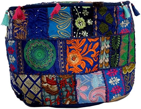 Premium Handcrafted Ottoman Blue Cushion Cover - Handmade Unique Embroidered Round Pouf Cover, Majestic Oriental Patchwork, Magnificent & Trendy, Uplifting Home Decoration Accessory