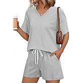 SHEWIN Women's 2 Piece Short Sets V Neck Short Sleeve T-Shirts and Drawstring Shorts Beach Vacation Outfits with Pockets