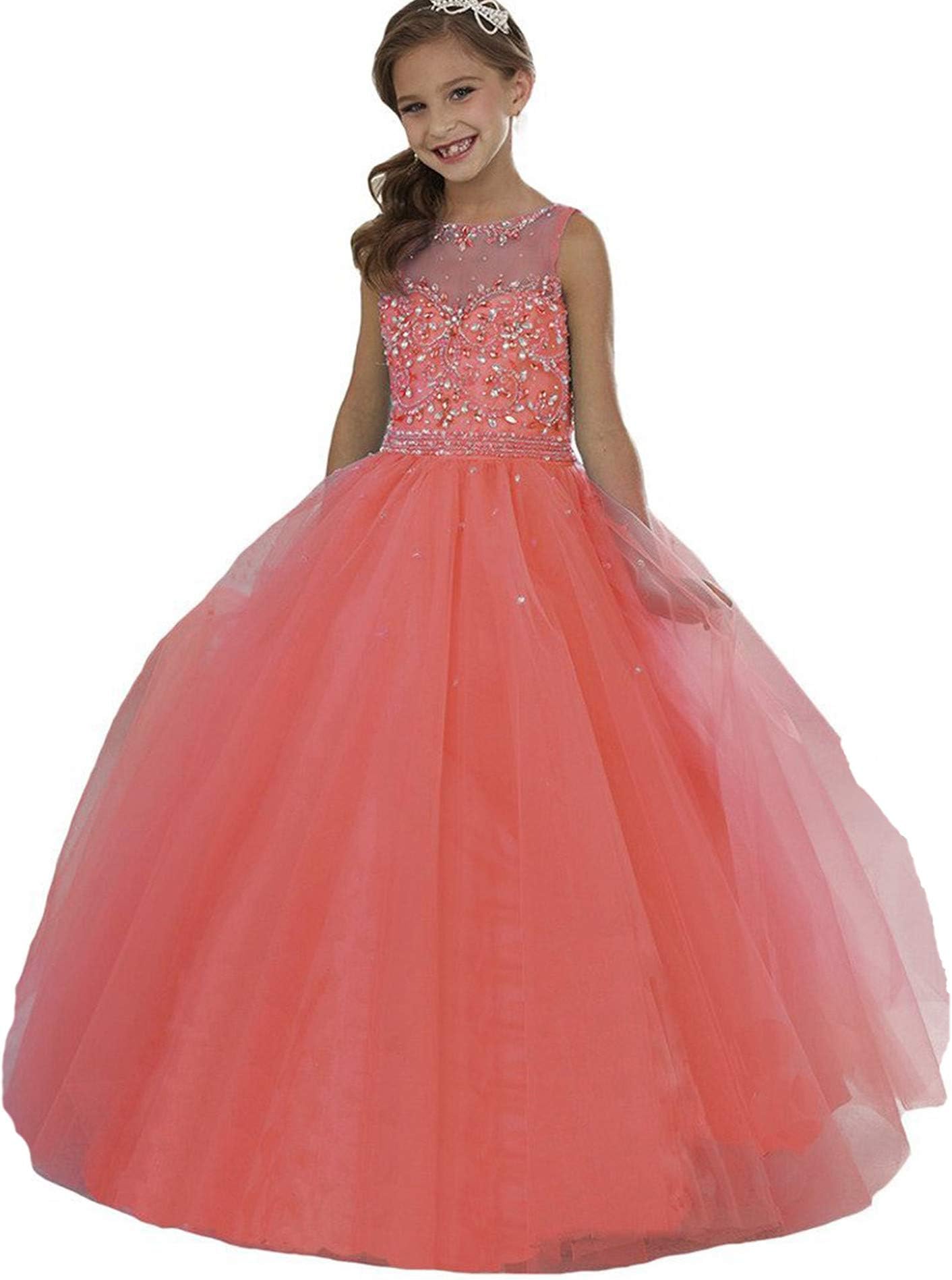 Wenli Girls' Sheer Neck Beaded Rhinestones Pageant Dresses