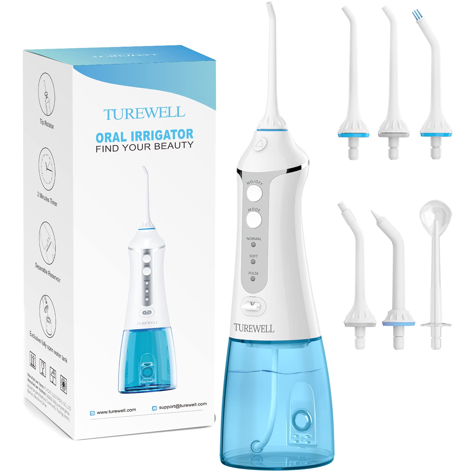 TUREWELL FC1591 Water Flosser for Teeth, Portable Cordless Oral Irrigator with 6 Jet Tips, 3 Cleaning Modes, IPX7 Waterproof, 300ML Water Tank and USB Rechargeable for Travel/Home Use