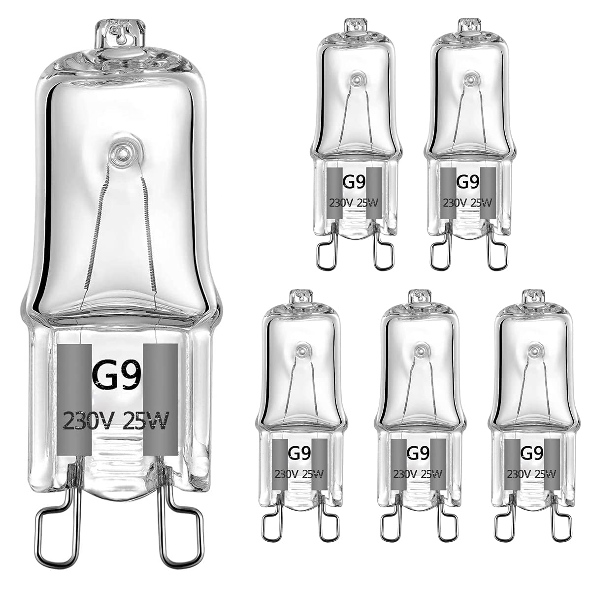AHEVO G9 Oven Bulbs 25W Clear Halogen Lights 230V 300℃，Pack of 6