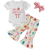 Lamuusaa Toddler Baby Girl Birthday Outfit One Romper Cake Bowknot Print Flared Pants Headband Cake Smash Outfit