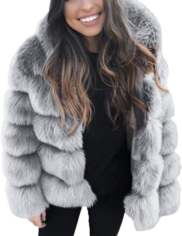 Women Fluffy Coat,Popular Fleece Warm Outwear Long Sleeve Hooded Cardigan Oversize Luxury Faux Fur Jacket
