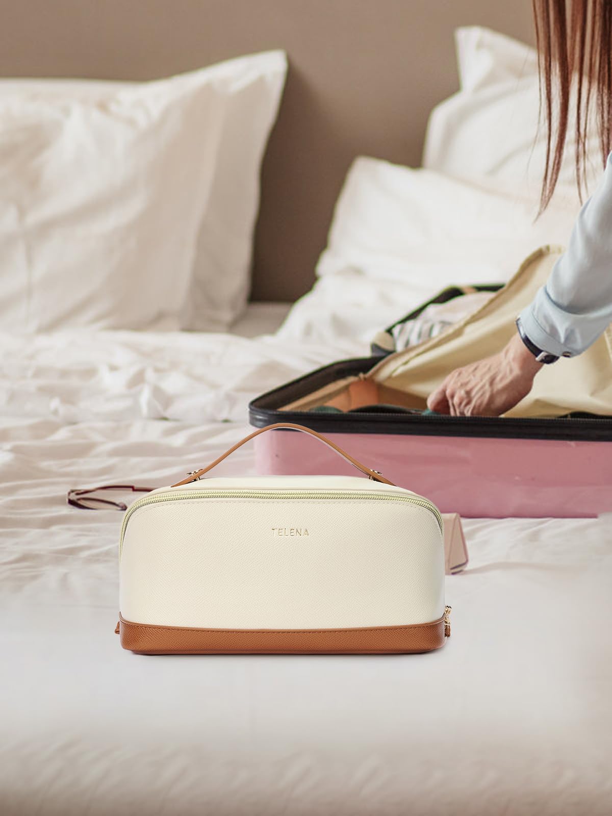 Telena Leather make up bag Large Capacity travel makeup bag cosmetic bag with Handle and Divider Open Flat