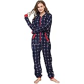 dressfan Unisex Pajamas Plaid Hooded Cozy Jumpsuit Zipper Onesie Christmas Pajamas for Family Couples Women Men