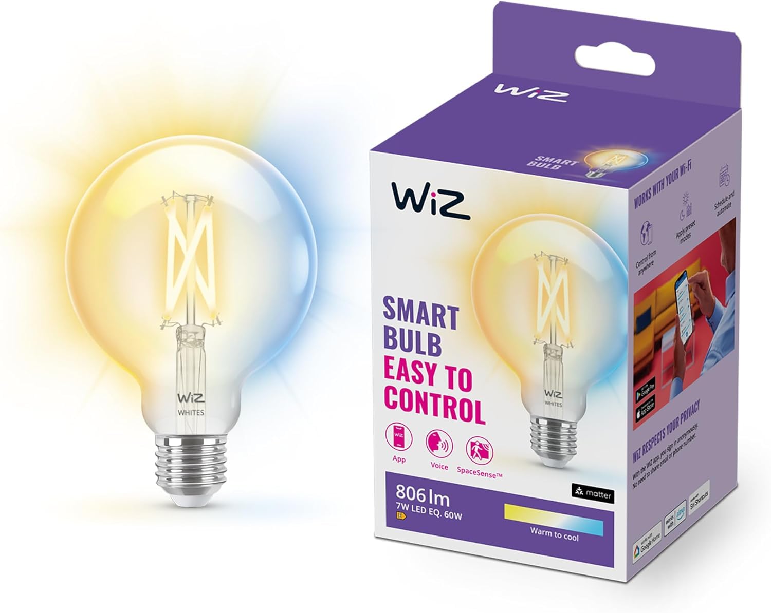 WiZ Smart Bulb, E27 Globe LED Bulb, mart Dimming LED 60W, Connected WiFi Works with Alexa, Google Assistant & HomeKit, App Control for Livingroom, Bedroom, Dining Room, Energy Monitoring