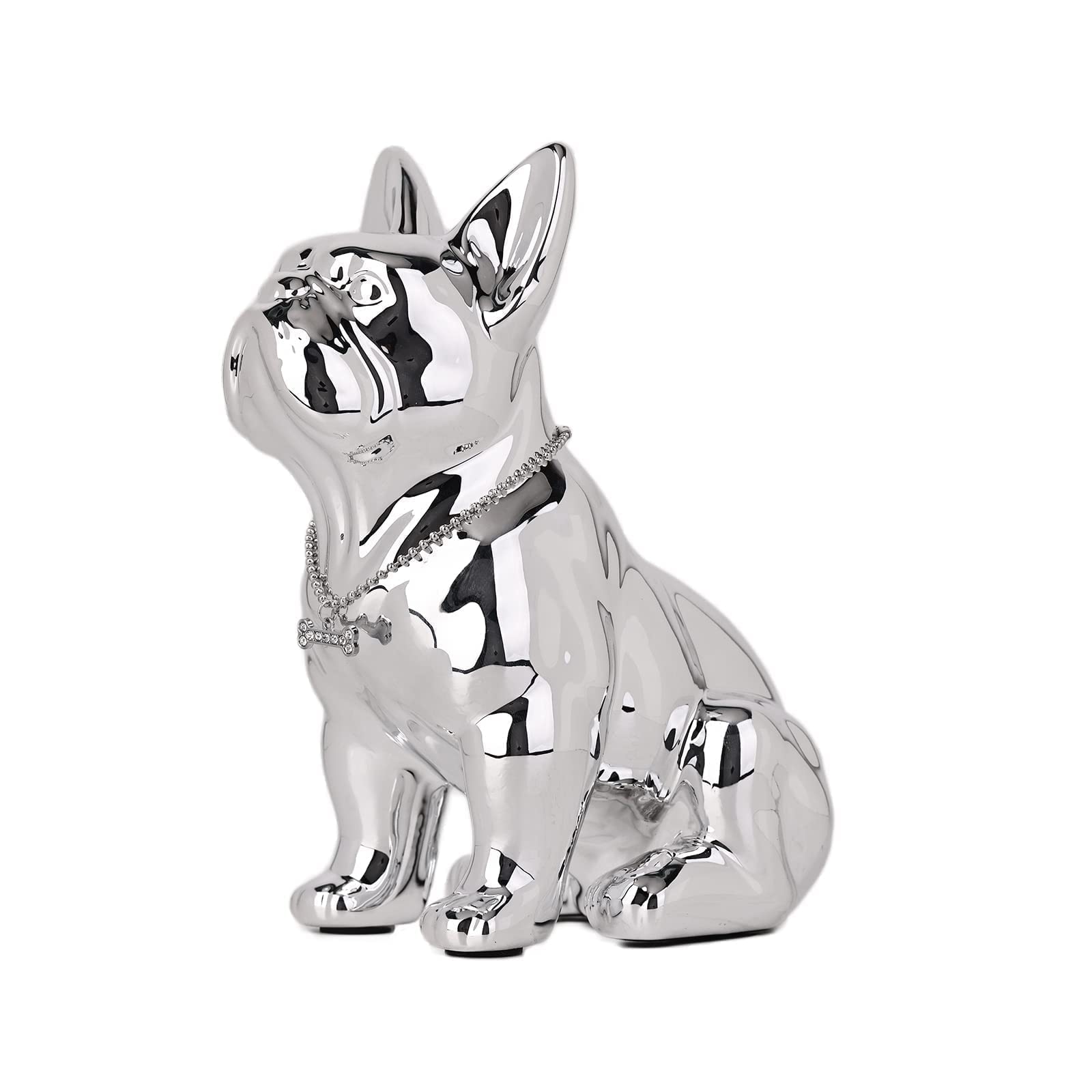 SHENGTIAN 9in French Bulldog Statue, Silver Resin Dog Statue Decor for Home, Office, and Gifts