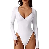 QINSEN Women's Long Sleeve Bodysuit V Neck Body Suits Seamed Cup Going Out Tops Shirt
